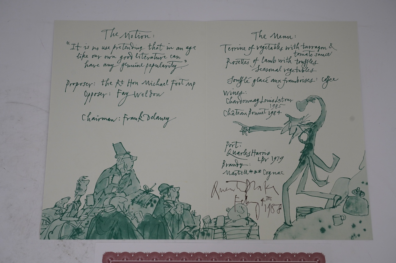 Quentin Blake illustrated menu, signed by Quentin Blake, produced for the Fourth Folio Literary Dinner and Debate at the Merchant Taylor’s’ Hall Thursday 4 February 1988, signed and dated by Blake. Condition - good